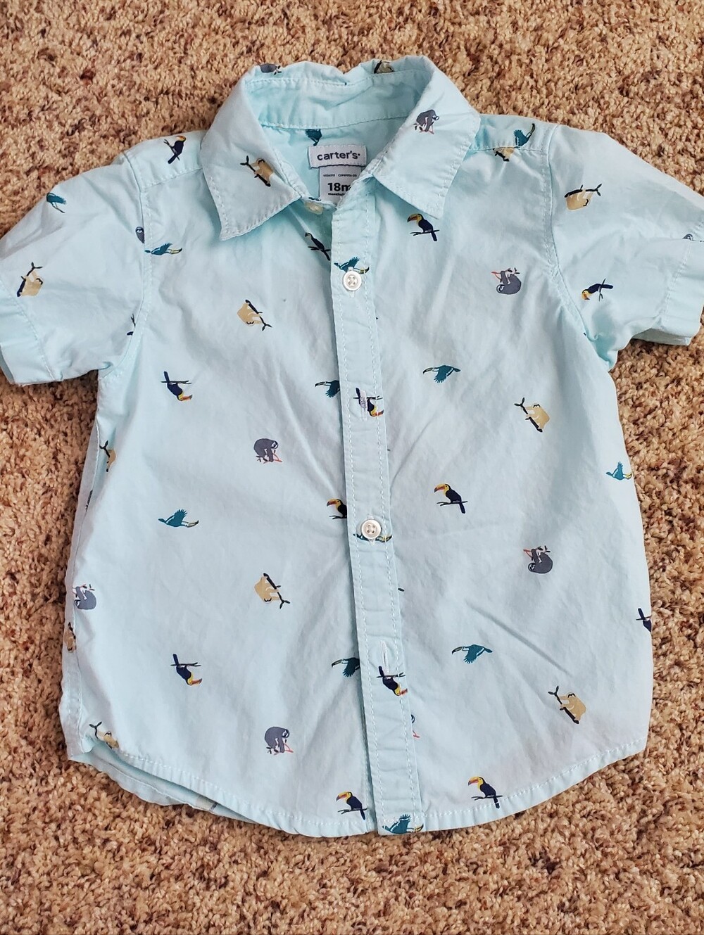 18mo Carter's Light Blue Short Sleeve Button-Down with Tropical Bird Print